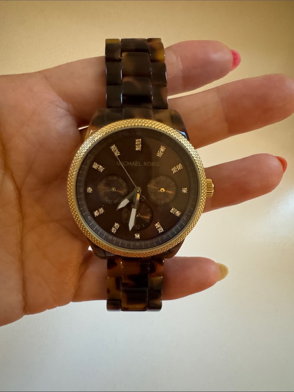 Michael Kors Brown Tortoise Shell and Gold Tone Crystal Watch